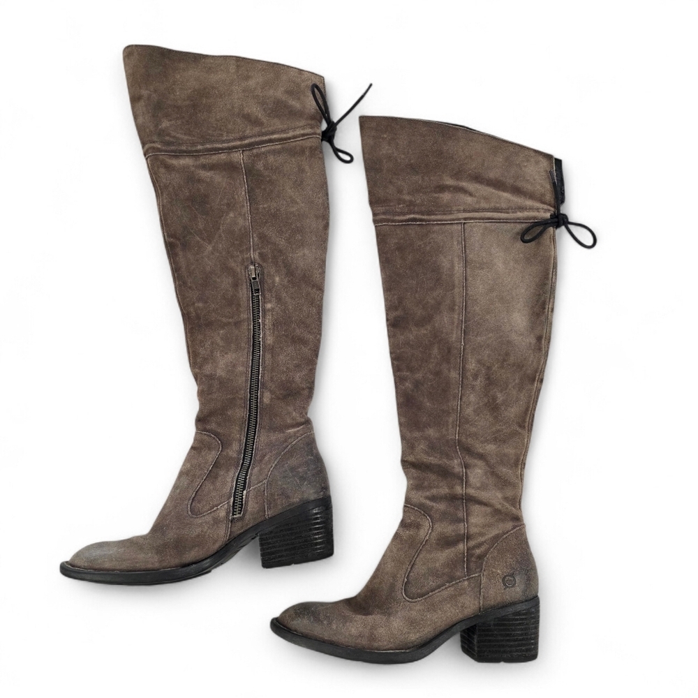 Born Suede Leather Knee High Boots Distressed Brown Riding Zip Women 6M